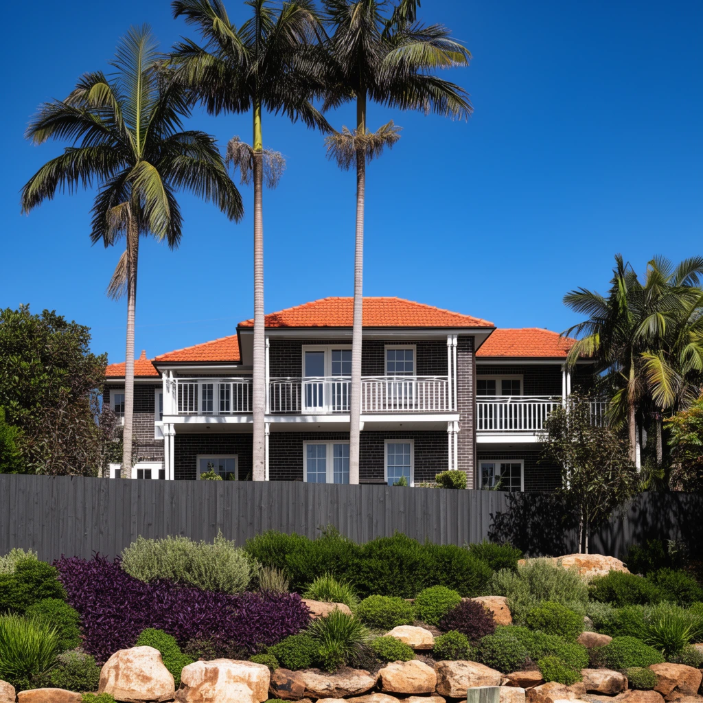 A dark brick house with a bright orange terracotta roof and white balconies stands behind a dark grey timber fence. Three exceptionally tall, slender palm trees reach into a clear blue sky. The sunlit foreground features a terraced garden of lush green shrubs, purple foliage, and large rocks, photographed from a low angle.