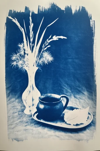 Ethereal Botanical Cyanotypes style reference image — Prussian blue monochrome