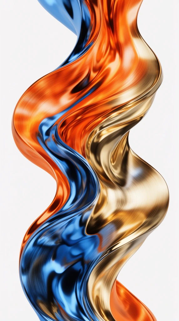 An abstract, twisting 3D fluid sculpture against a solid white background. The highly reflective metallic surface swirls with vibrant orange, glossy blue, and shimmering gold. Fine striations texture the undulating, flame-like curves.