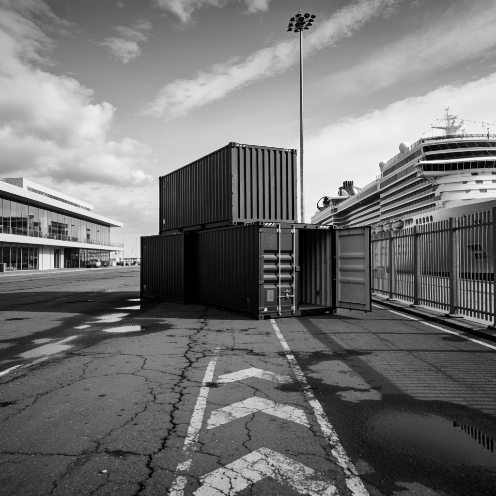 A high-contrast black and white photograph of an industrial harbor centered on three stacked dark corrugated shipping containers resting on cracked asphalt. The foreground pavement features scattered water puddles and painted directional chevrons. The lower right container has its heavy metal doors swung open. To the left background, a modern multi-story building with expansive glass facades stretches horizontally. To the right, a massive multi-deck cruise ship is docked behind a tall vertical slatted metal fence. A slender towering light pole rises behind the central container stack against a sky filled with sweeping clouds. The wide-angle composition utilizes a deep depth of field, rendering the rough textures of the wet ground and the distant maritime details in crisp focus.
