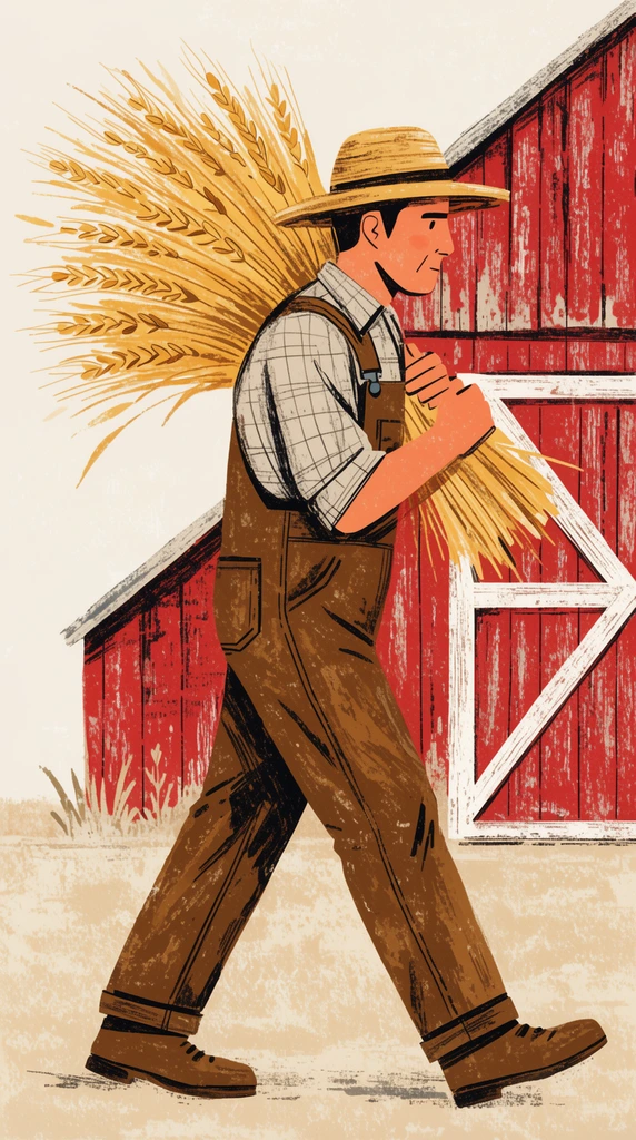 Textured vintage-style illustration of a farmer in brown overalls and a straw hat walking right, carrying a large fanned bundle of golden wheat. A weathered red barn with a white X-braced door sits behind him on dusty beige ground. Earthy palette with retro printmaking grit.
