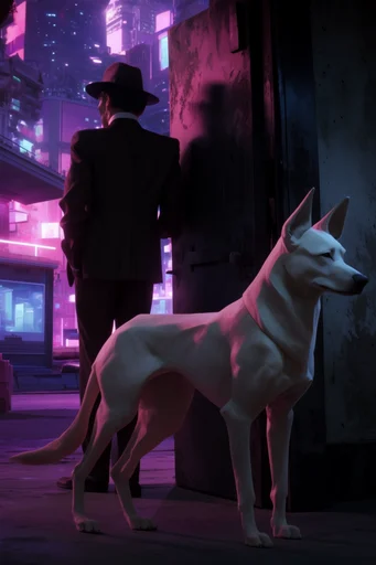 Neon Noir VHS style reference image — saturated magenta and blue lighting