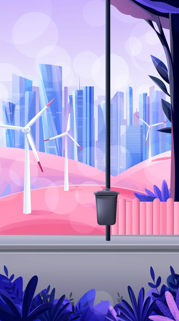 A panoramic vector illustration of a cityscape dominated by pastel purples, vibrant pinks, and cool blues. A smooth horizontal gray road in the foreground is bordered by stylized navy and purple leafy plants. A dark gray waste bin mounts to a vertical black pole. Rolling pink hills in the midground feature white wind turbines with red-tipped blades. The background shows a sleek skyline of geometric blue skyscrapers beneath a pale lavender sky. Large semi-transparent white circles overlay the entire composition like glowing bokeh. A dark stylized tree frames the right edge beside a pink segmented fence.