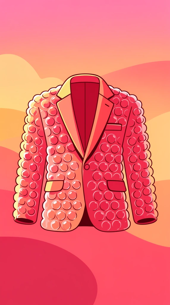 A 2D vector cartoon illustration of a suit jacket made of bubble wrap. The jacket features stylized, rounded bubbles across its lapels and sleeves, rendered with clean dark outlines and simple two-tone cel shading. The artwork uses an analogous color palette of vibrant pinks, bold reds, and soft yellows. Lighting creates a warm sunset glow with flat, simplified shadows. The background consists of minimalist, smooth shapes and soft color gradients in matching warm hues.