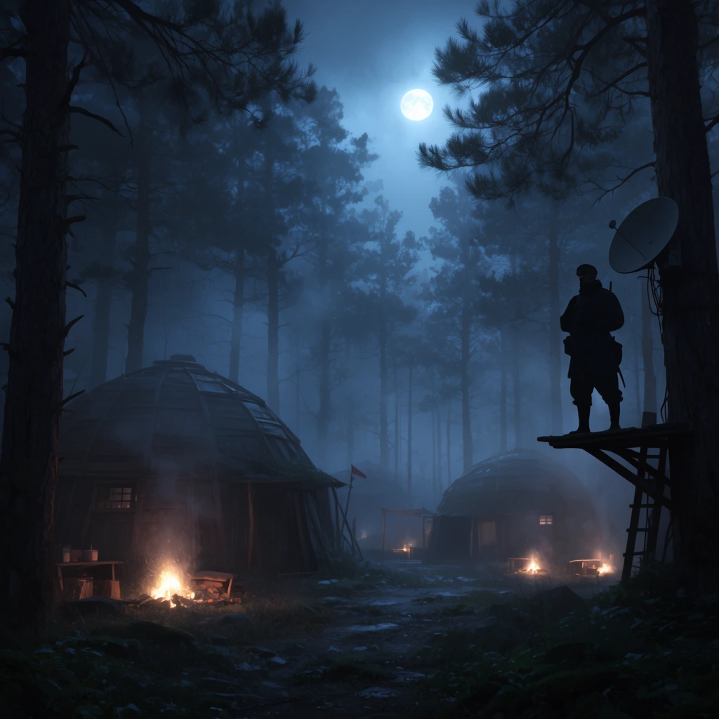 dark foggy forest settlement at night, domed wooden huts among tall pines, glowing campfires, silhouetted guard on a tree platform with satellite dish, cool blue moonlight, volumetric fog, cinematic concept art