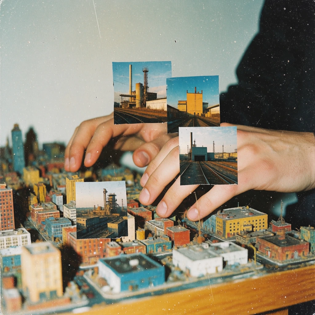 vintage lo-fi film photograph with heavy grain and harsh direct flash, close-up of hands hovering over a desk made of miniature cityscapes, surreal diy collage aesthetic featuring square-cut photo fragments of industrial architecture and urban grid patterns pasted over the primary subject, muted amber and teal color palette with high-contrast saturated inserts, nostalgic analog texture with dust and scratches, minimalist studio background, experimental brutalist composition.