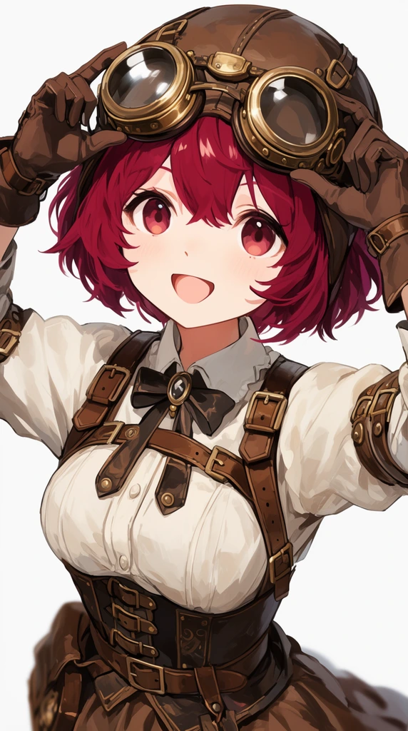 young anime girl with a short messy crimson bob, wearing Victorian steampunk aviator gear with leather straps, adjusting brass goggles with both hands, cheerful expression, digital anime illustration, soft cel-shaded coloring, bright studio lighting, solid white background