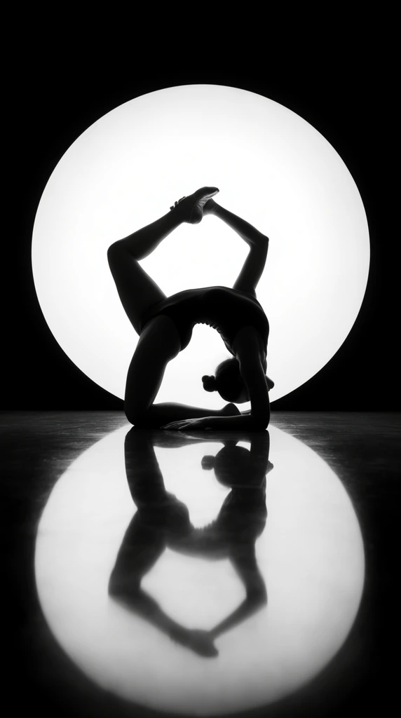 silhouette of a gymnast in a deep arched backbend, resting on one forearm and grasping her raised foot, pointed toes, centered against a massive glowing white circular light, pitch-black background, perfectly mirrored reflection on a polished dark floor, high contrast black and white photography, minimalist geometric composition, dramatic studio lighting