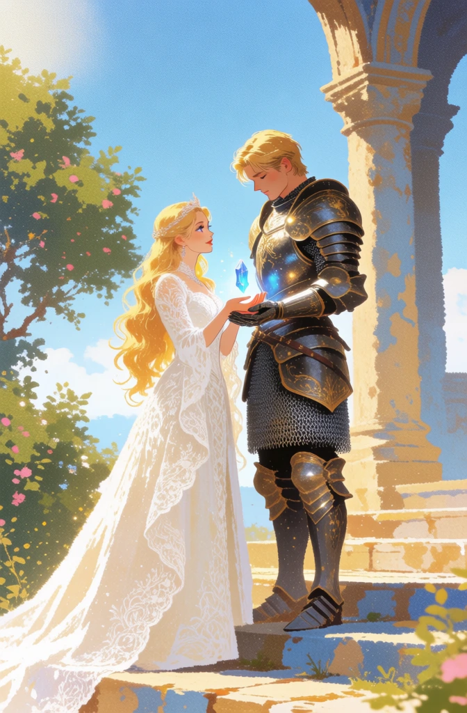 A blonde woman in an intricate, flowing white lace gown and a knight in ornate, dark metal armor stand together on a stone terrace, holding a glowing blue crystal between them. The woman has long, wavy golden hair adorned with a delicate tiara and is seen in profile, looking up at the knight. Her dress is highly detailed with floral lace patterns and long sleeves. The knight, also blonde and taller than the woman, wears full plate armor with golden accents and a chainmail skirt, standing tall with his head bowed slightly toward her. Their hands are cupped together, cradling a multifaceted crystal that emits a bright, magical blue light. They are positioned on weathered stone steps that lead up to an architectural structure featuring a large, weathered stone pillar on the right. To the left, a lush green tree with small pink flowers provides a natural frame. The background opens to a clear blue sky with a few wispy white clouds. The entire scene is rendered in a soft, painterly artistic style with a grainy texture, utilizing a bright, warm color palette dominated by gold, white, and blue tones. The lighting is bright and ethereal, appearing to originate from both the upper left and the glowing crystal, creating a romantic and fantastical atmosphere.