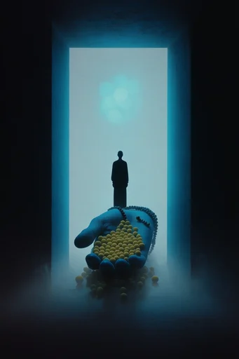 Monolithic Cosmic Mysticism style reference image — glowing cyan portal