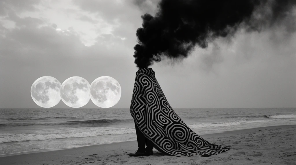 A surreal monochrome photograph captures a solitary figure on a sandy beach, with a massive plume of dense black smoke erupting from the neckline into the sky. The figure wears a trailing cloak adorned with bold, swirling, maze-like geometric patterns, exposing only dark trousers and shoes at the base. Three oversized full moons rest side-by-side directly on the distant ocean horizon. Gentle waves roll toward the shoreline under a softly clouded atmosphere. The stark grayscale palette emphasizes profound contrast, highlighting the textured pitch-black smoke against the pale luminous celestial bodies and intricate textile designs.