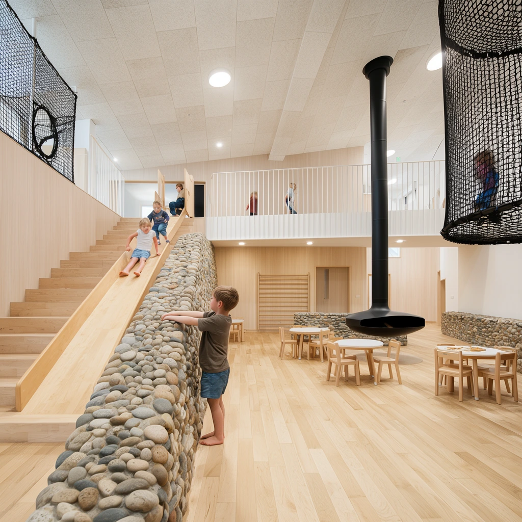 modern indoor children's play space, light wood flooring and paneled walls, wide wooden staircase acting as a slide descending from a white-railed second floor balcony, children playing on the wooden incline, barefoot boy standing on a smooth river stone half-wall, small round wooden tables and chairs on the ground floor, suspended black fireplace with a long vertical chimney pipe, hanging black net enclosures, bright architectural lighting, wide-angle photography, deep depth of field