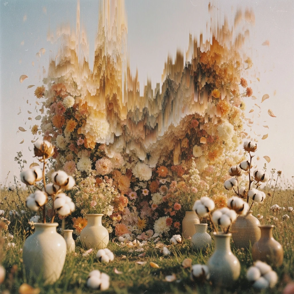low-angle meadow featuring scattered ceramic vases and soft cotton bolls, dominated by a massive background eruption of flowers and petals distorted with dramatic vertical pixel sorting and digital glitch artifacts, vibrant amber and warm golden streaks bleeding upward into a hazy desaturated sky, vintage 35mm analog film aesthetic with heavy grain and soft focus, surreal juxtaposition of organic textures and aggressive digital corruption, cinematic still life arrangement.
