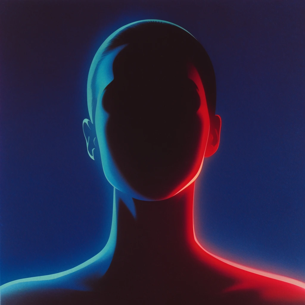 A retro-futuristic 1980s airbrush illustration of a centered head, neck, and shoulders, illuminated by stark neon cyan and crimson glows against a deep midnight blue background. The central figure's facial details are entirely obscured by solid, dark shadows, forming a smooth, graphic silhouette. Sharp, saturated cyan rim lighting traces one edge of the head and neck, while vibrant glowing red light defines the opposite shoulder and jawline contour. The rendering features smooth, highly stylized gradients contrasting with sharp, crisp edges, typical of vintage sci-fi paperback art. The dark indigo background possesses a subtle, uniform airbrushed grain texture, enhancing the luminous neon lighting effects and the highly saturated, moody neo-noir color palette.