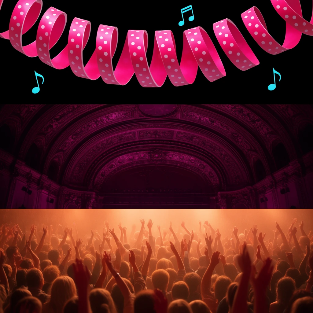 three-panel visual collage, bright pink coiled streamers with white polka dots and floating cyan musical notes on a solid black background, dark ornate arched concert hall illuminated by deep magenta lighting, cheering audience with raised hands immersed in warm hazy orange stage light
