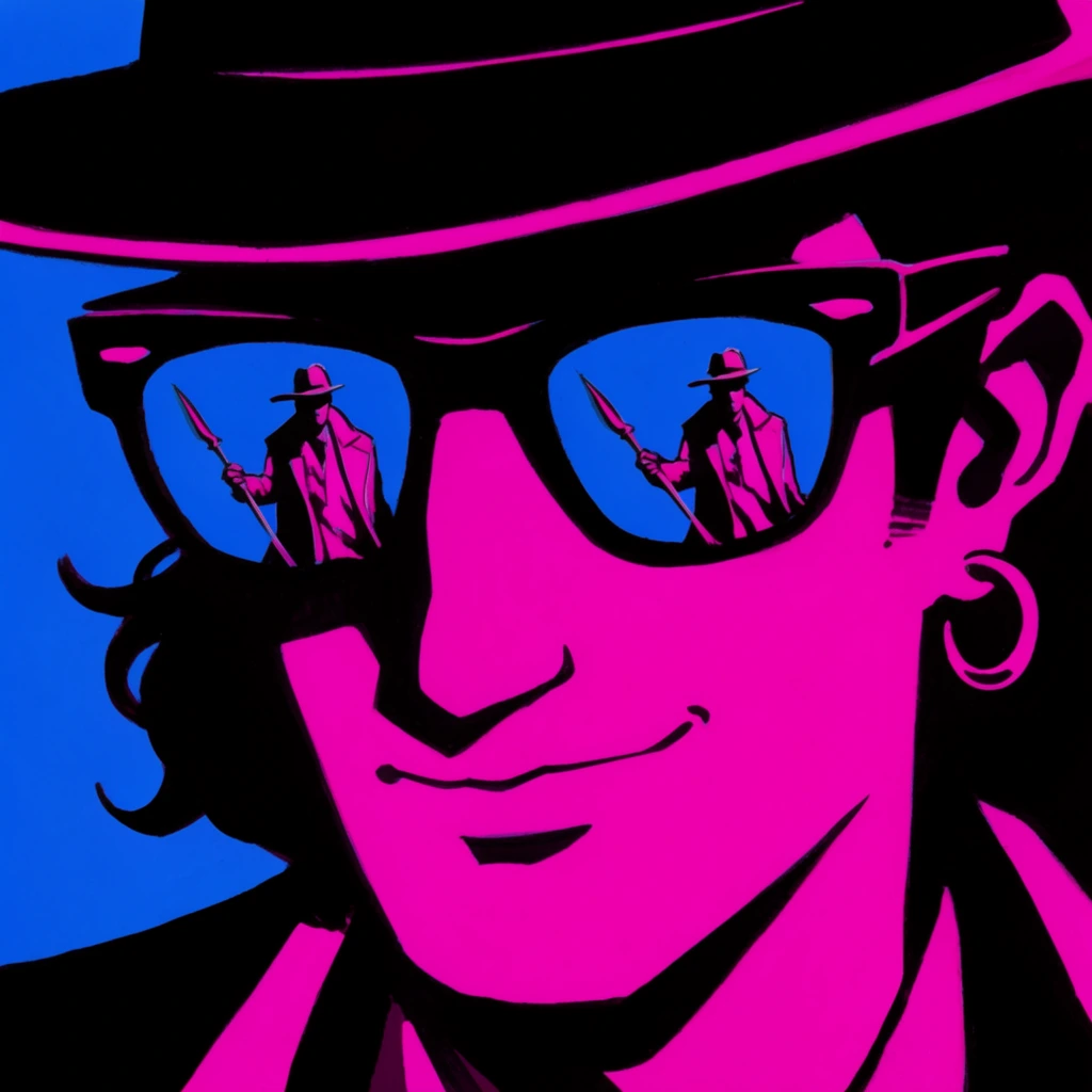 A stylized, close-up portrait of a person wearing black sunglasses and a wide-brimmed black hat, rendered in a bold, graphic comic book style. The color palette is restricted to high-contrast neon magenta, vibrant electric blue, and deep black. The subject's skin is illuminated in flat magenta, with stark black shadows defining the facial structure, including a sharp nose and a subtle, confident smirk. A single hoop earring is visible on the right ear. Dark, wavy hair frames the face beneath the hat. The black sunglasses have a distinctive frame shape and are highly reflective. Reflected in both lenses is the same identical image: a silhouette of a figure in a hat and coat holding a long staff or spear, rendered in magenta and black against a blue background, mirroring the overall color scheme. The background behind the main subject is a solid, flat electric blue. The artwork relies on heavy, solid black shapes and crisp, unblended color fields to create volume and dramatic lighting, characteristic of high-contrast pop art or neo-noir illustration.