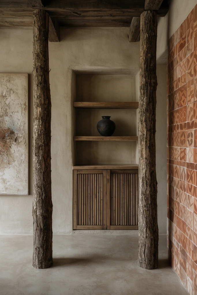 rustic minimalist interior, two rough-hewn tree trunk pillars framing a built-in wooden wall niche, dark round ceramic vase on a shelf, textured beige plaster walls, vertical wooden slat cabinet doors, patterned terracotta tiles on right wall, abstract textured canvas on left, earthy color palette, soft diffused lighting, wabi-sabi aesthetic