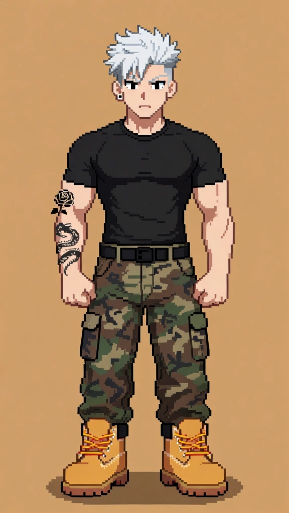 A full-body pixel art character of a muscular young man with white hair stands centered against a flat tan background. The man features a spiky, thick white hairstyle with a faded gray undercut and a small black circular earring in his right ear. His facial expression is neutral, characterized by dark, focused eyes and a small mouth. He wears a tight-fitting black short-sleeved t-shirt that reveals a toned physique and muscular arms. On his right forearm, two black-ink tattoos are visible: one depicting a rose near the elbow and the other a detailed serpentine or dragon pattern further down. He is dressed in woodland-style camouflage cargo pants with large side pockets, held up by a black belt with a simple square buckle. On his feet are large, chunky mustard-yellow work boots with orange-tinted laces and thick brown soles. The character stands in a stiff, frontal pose with his fists clenched at his sides. A faint, dark shadow is cast directly beneath his feet on the solid, monochromatic backdrop. The art style uses clean pixel blocks with distinct black outlines and simplified shading to define muscles and fabric folds.