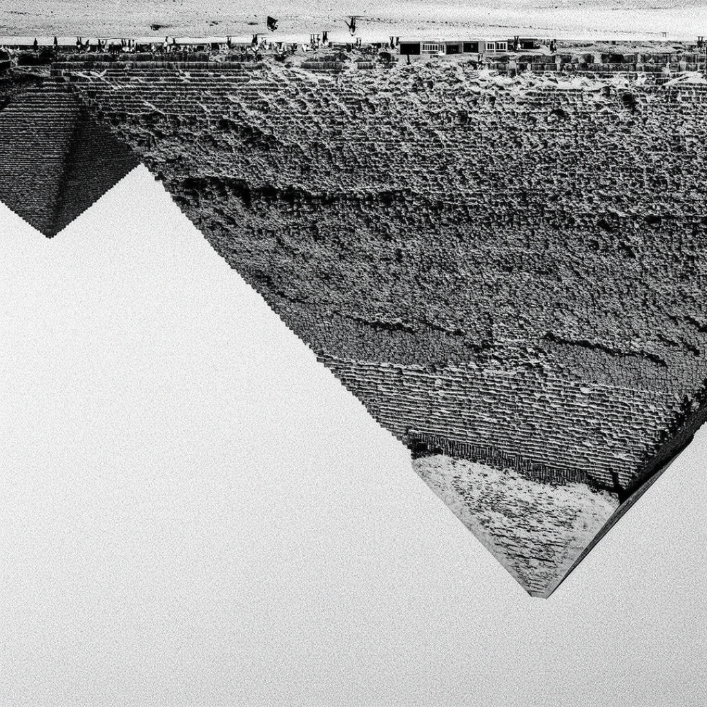 An upside-down, high-contrast black and white photograph of colossal stone pyramids. The largest pyramid dominates the right, its heavily textured, stepped surface tapering downward to an apex against a stark, featureless pale sky filling the lower half. A smaller inverted pyramid sits to the left. The actual ground line spans the extreme top edge, dotted with minuscule silhouettes of figures and low structures. Heavy film grain creates a surreal, abstract geometric composition.