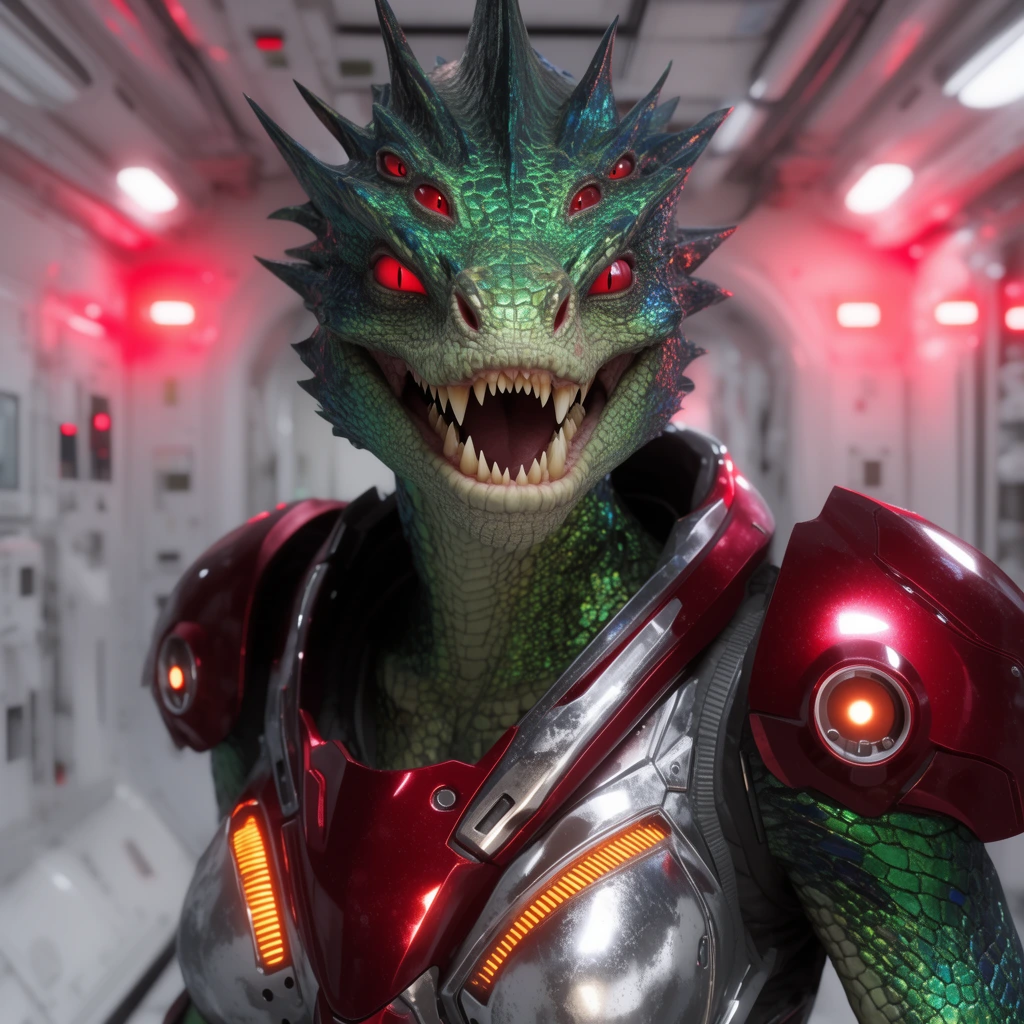 A fierce female reptilian alien commander snarls with jagged teeth inside a sterile white spaceship corridor flashing with red emergency strobes. She features iridescent green scales, multiple glowing red eyes, and a crest of sharp head spikes. She wears asymmetrical crimson and silver power armor with glowing orange vents. Cinematic high-fidelity 3D rendering captures dramatic lighting reflecting off her metallic suit and textured skin in a tight close-up shot.