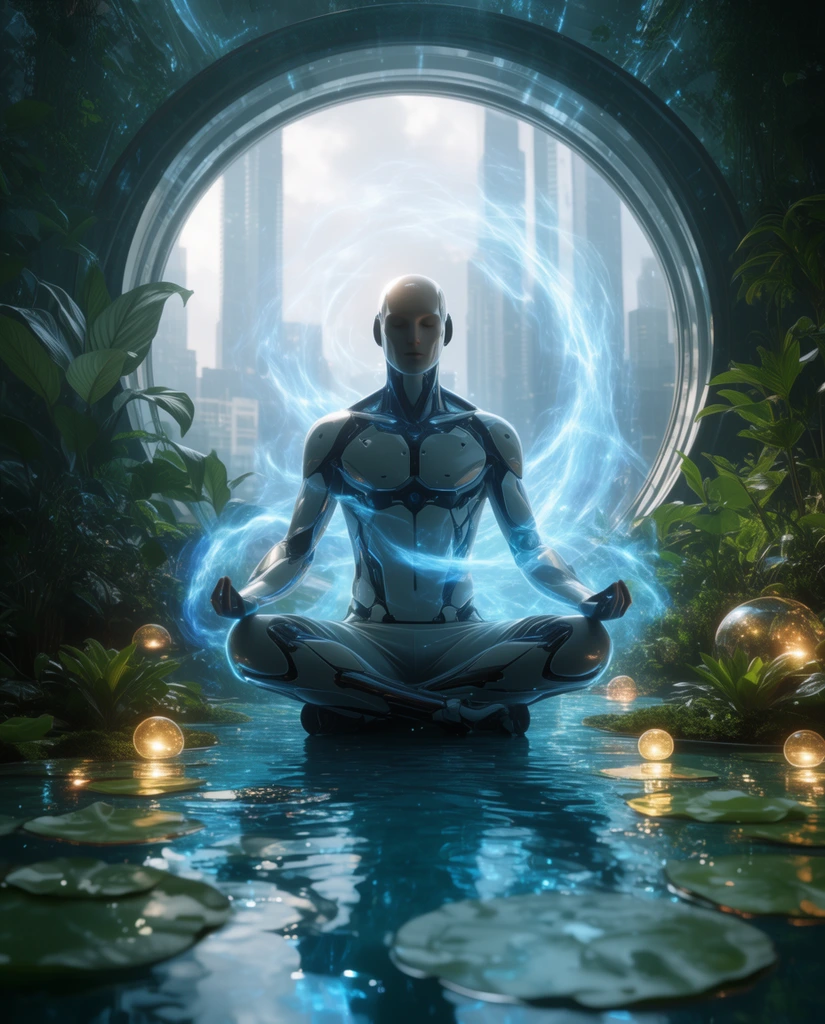 A futuristic figure meditates in a high-tech aquatic garden, enveloped by swirling blue energy. Lush plants flank a pool with lily pads and glowing golden lights. A large circular window frames a hazy skyscraper skyline. The digital art features cinematic lighting and a cool blue-green palette.