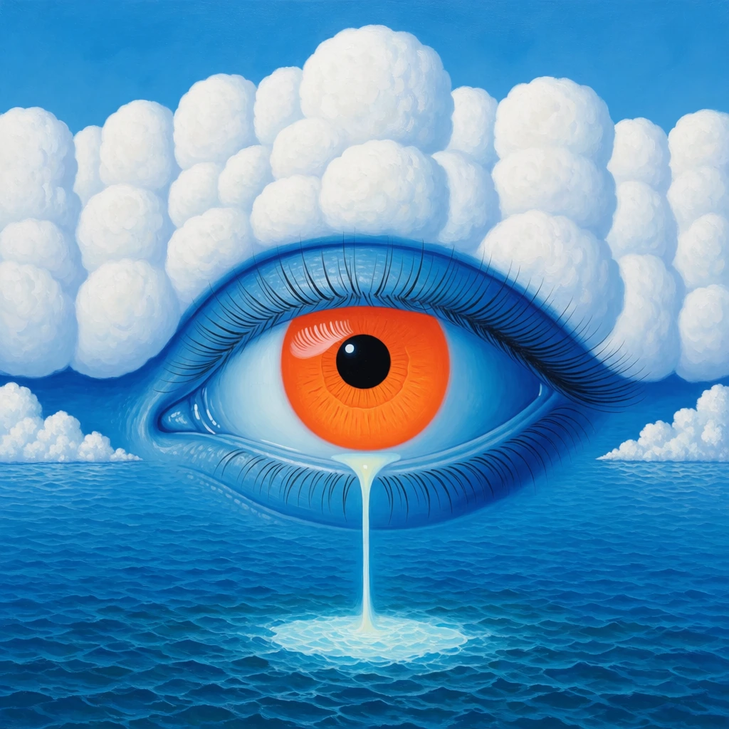 A surrealistic painting features a large, central eye with a vibrant orange iris and long eyelashes, positioned between a calm blue sea and a wall of bulbous white clouds. The eye occupies the middle of the frame, showcasing a glowing orange iris with fine radial lines and a deep black pupil that includes a small white specular highlight. The surrounding eyelids and skin-like textures are rendered in smooth shades of azure blue, matching the color of the water below. Long, delicate black eyelashes extend from both the upper and lower lids in a wide fan. A thin, luminous stream of white liquid pours from the center of the lower eyelid, falling straight down into a textured blue ocean and creating a small, bright pool of ripples upon impact. Behind the upper half of the eye, a dense, vertical wall of rounded, puffy white clouds rises toward the top of the frame against a clear, bright blue sky. On either side of the eye, small patches of white foam or cloud-like material rest on the water's surface near the horizon line. The composition is symmetrical and centered, utilizing a vibrant color palette of primary blues and whites punctuated by the high-contrast orange of the iris. The lighting is uniform and soft, emphasizing the clean lines and smooth, digital-painting aesthetic of the surreal landscape.