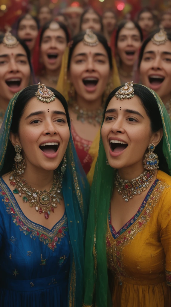 joyful women with identical faces singing, festive Indian celebration, two foreground women in blue and mustard traditional attire, green dupattas, ornate jewelry, blurred background crowd sharing the exact same face, open mouths, vibrant colors, cinematic lighting, shallow depth of field