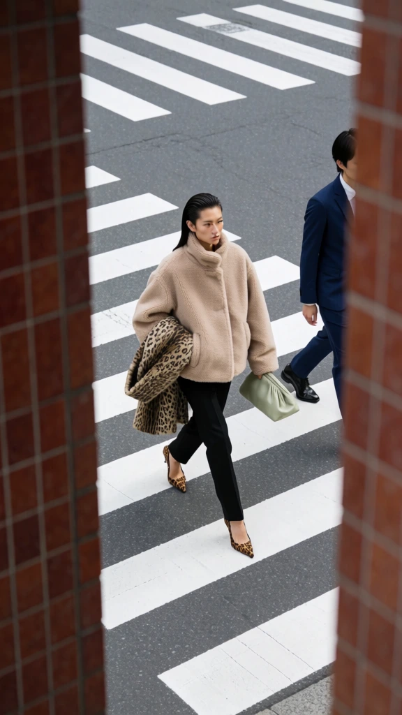 High-angle editorial street photography shot from an elevated building perspective, wide urban neutral crosswalk scene with strong geometric zebra lines and muted neutral city tones. A stylish woman is walking confidently across the pedestrian crossing, captured mid-step. She has slicked- dark brown hair, light skin, sculpted slim face .She wears a beige oversized teddy-texture jacket with a soft voluminous silhouette, structured shoulders and high collar. Black slim trousers, pointed leopard-print heels, and she carries a structured muted green clutch under one arm with a leopard-print coat draped over the other.Soft natural daylight, overcast conditions, evenly diffused light, low contrast. Realistic fabric textures, gentle shadows under the body, calm high-end editorial street style aesthetic, candid fashion moment.