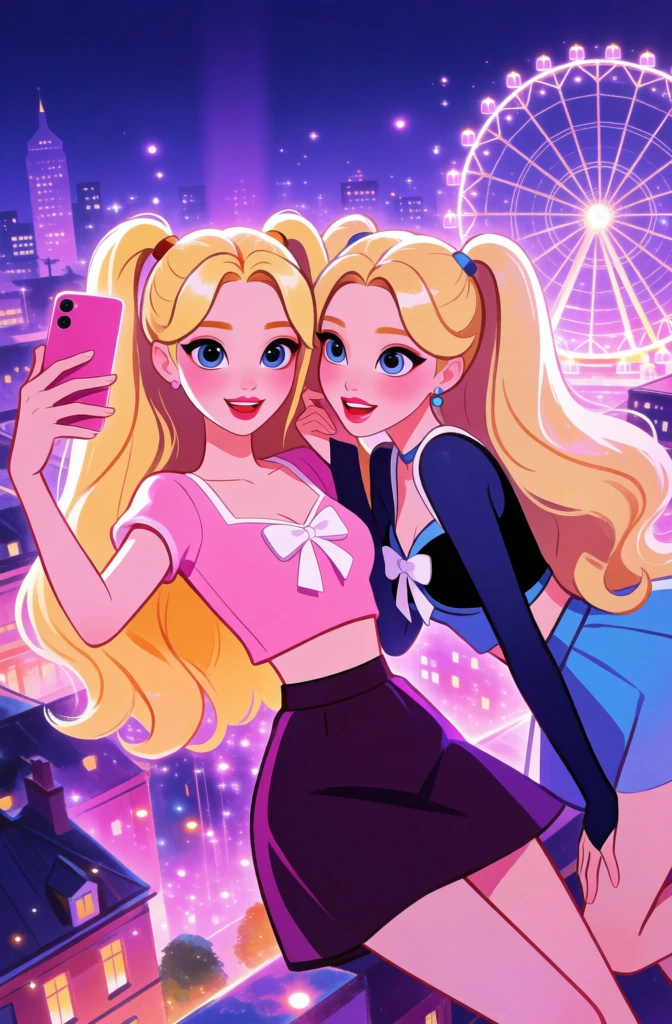 two stylish girls taking a selfie in a glowing city, 3D animated render, cheerful vibrant dreamy vibe