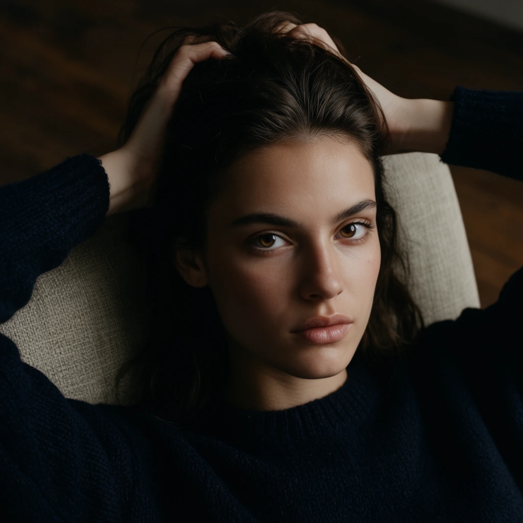 A cinematic, high-fashion portrait of a young woman with a piercing, neutral gaze looking directly into the lens. Reclining against a light beige textured chair, she holds her hands behind her head, tangling her fingers in her dark brown hair. She wears a heavy dark navy knit sweater. Soft, directional lighting creates striking chiaroscuro, casting deep shadows on the right side of her face to highlight her natural skin texture. Shot with a shallow depth of field, the composition contrasts her sharply focused brown eyes against a softly blurred background of dark wooden flooring.