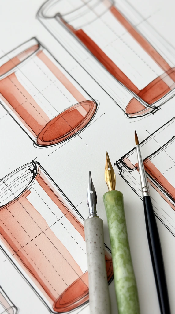 A close-up top-down view of technical vessel sketches on white paper, overlaid with three drawing tools. The precise black ink drawings illustrate container cross-sections and cylindrical forms, highlighted by flat translucent terracotta watercolor washes and dashed internal lines. Resting directly on the artwork are two dip pens, one with a speckled pale grey handle and silver nib, the other with a mottled light green handle and gold nib, alongside a fine-tipped paintbrush with a black handle and silver ferrule. Soft diffused lighting and a shallow depth of field subtly blur the upper and lower edges of the composition.