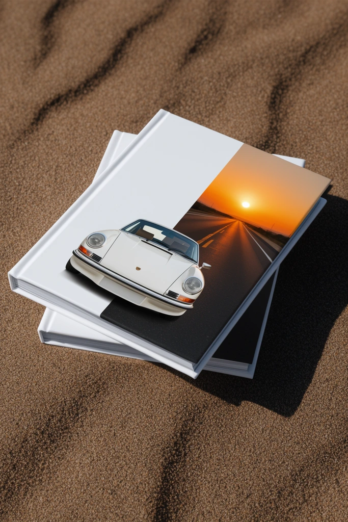 Two perfect-bound softcover books rest diagonally on a bed of fine, undulating brown sand. The top cover features a split layout: a crisp white left side displaying a cutout image of a classic white sports car with curved fenders and round headlights, alongside a right-side rectangular photograph of an empty highway stretching toward a vivid orange sunset. Intense, directional sunlight highlights the clean white edges of the stacked pages and throws a sharp, deep geometric shadow across the granular surface. Captured from a slightly angled, top-down perspective, this high-resolution product photography heavily contrasts the pristine, manufactured lines of the publications against the organic texture of the natural earth.
