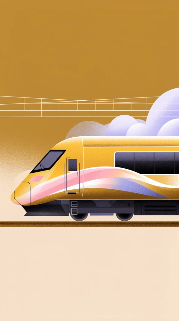 A stylized side-profile illustration of an aerodynamic high-speed train traveling on a track. The golden-yellow locomotive features a flowing, wave-like graphic in soft gradients of pink, white, and periwinkle along its side. Dark tinted passenger windows and an angular cockpit sit above a dark grey undercarriage with wheels resting on a simple brown rail. Smooth lavender and white clouds billow behind the roof. The upper background is a solid ochre field crossed by a minimalist white line drawing of overhead wires, while the lower section is a pale beige. The vector-style artwork employs pronounced stippling and grainy halftone textures for shading and gradients.
