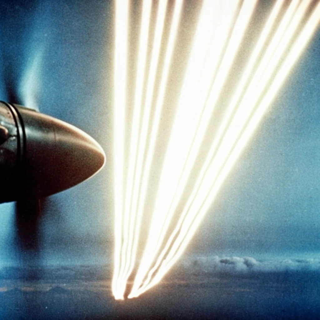 Blindingly bright, parallel streaks of intense white-yellow light slice diagonally downwards across a hazy blue sky, dominating the center of the composition. On the extreme left edge, the dark, cylindrical cowling and rapidly spinning blurred propeller of an aircraft intrude into the frame. The luminous light trails converge and cut sharply through the atmosphere toward a dark, faintly visible horizon of clouds below. The aesthetic features heavy color film grain, blown-out glowing highlights, deep cyan-blue atmospheric tones, and high contrast, matching the degraded visual texture of historical aerial combat photography.