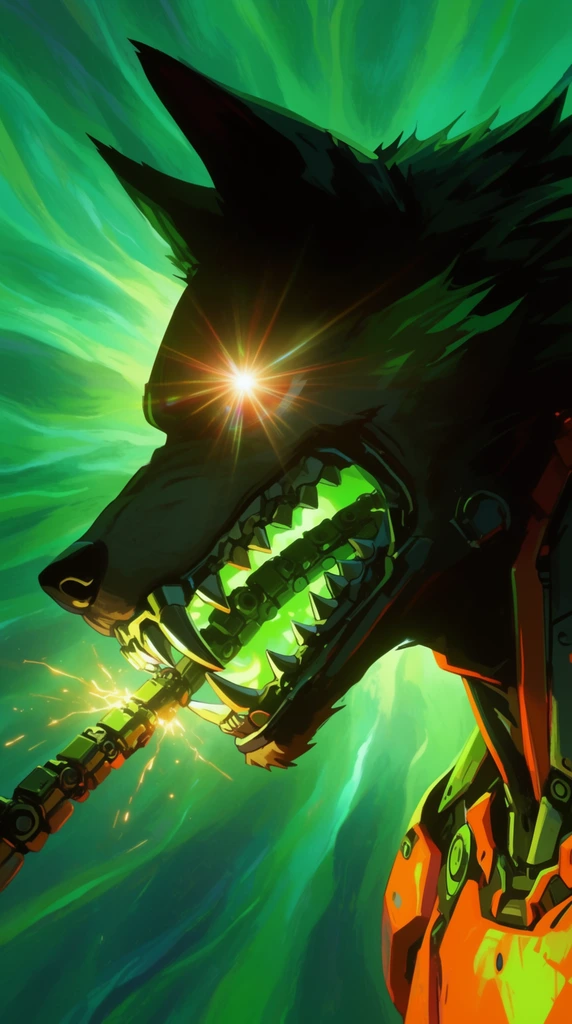 imposing cybernetic wolfman leaning forward aggressively, metallic jaws gripping a sparking robotic tentacle, dramatic backlighting, intense starburst lens flare radiating from the eye, dark silhouette contrasting with vibrant neon green and bright orange mechanical plating, deep shadows, backdrop of swirling emerald green energy streaks, expressive painterly textures, stylized digital animation aesthetic, dynamic side profile composition, extreme close-up