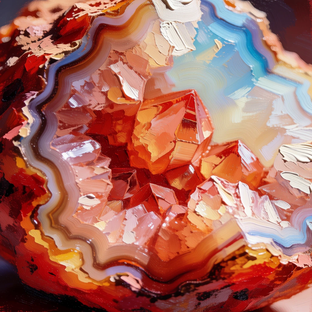 thick impasto oil painting, macro bird's-eye view of jagged crystalline minerals nestled inside a rough geode rock, heavy stippled texture with concentric circular brushwork, vibrant terracotta and honey-gold core, luminous cream and pale cerulean blue outer crust, high-contrast directional lighting, thick white scumbling, visible canvas grain, saturated warm shadows, shimmering specular highlights on crystal facets, expressive neo-impressionist style, ethereal glowing atmosphere.