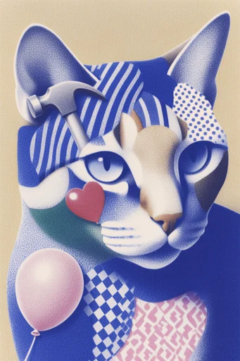 Stippled Risograph Surrealism style reference image — vibrant duotone palette