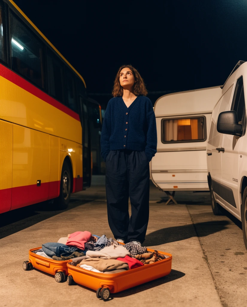 cinematic night photography, woman standing between vehicles looking upward off-camera, wearing a dark blue cardigan and baggy dark trousers, open bright orange suitcase on the ground overflowing with clothes, large yellow and red bus on the left, white camper trailer and van on the right, warm directional overhead street lights casting sharp shadows on the concrete ground, deep black night sky