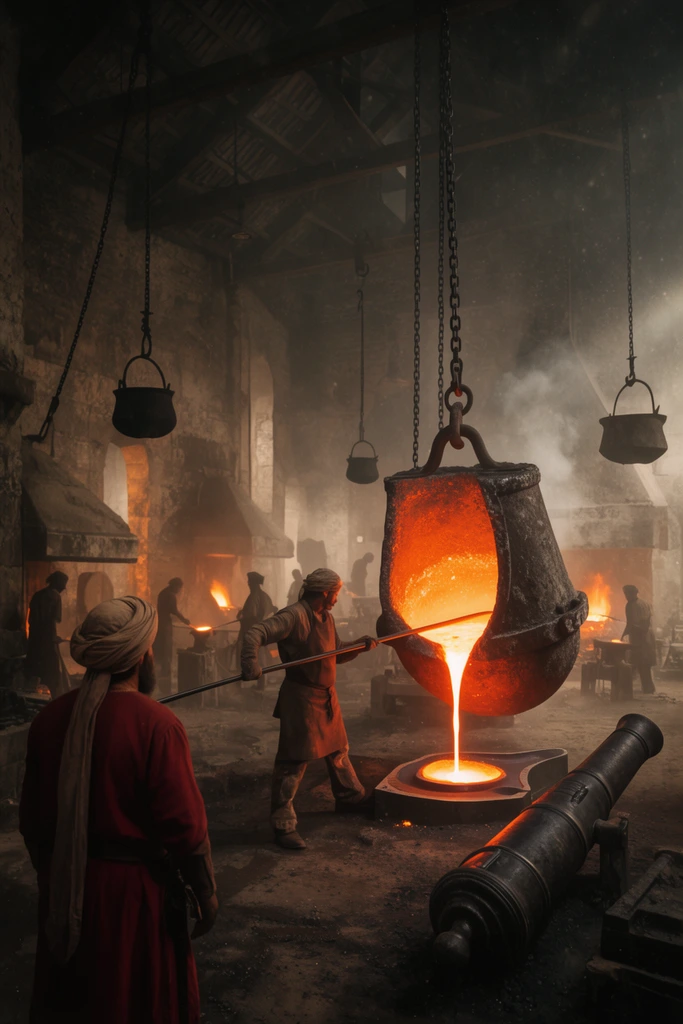 A cavernous, smoky pre-industrial foundry bustles with workers casting weapons. In the foreground, a figure in a red tunic and turban observes an artisan using a long pole to guide a colossal, bell-shaped crucible suspended by chains. Glowing orange molten metal cascades from the vat into a floor mold beside a cannon barrel. Chains and cauldrons hang from the soaring rafters while silhouetted blacksmiths work at background furnaces. The cinematic composition features volumetric lighting through atmospheric dust, contrasting the radiant liquid metal against the dark, gritty stone forge.