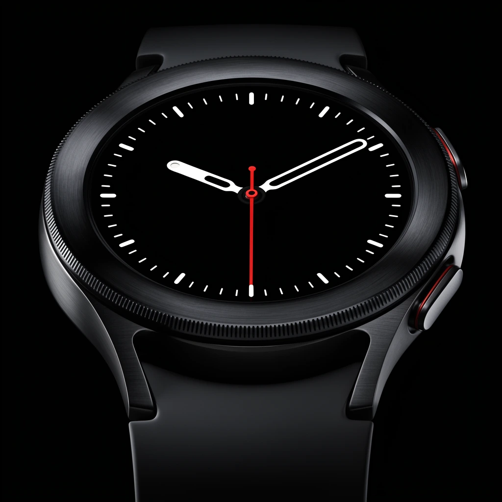 A macro studio shot of the top half of a sleek black smartwatch against a pitch-black background. The brushed dark metal casing features a finely ridged bezel and two side buttons, one bearing a thin red accent line. Inside the dark dial, luminous white hands and a striking red second hand point toward stark white tick marks. Smooth matte black straps attach to the sculpted lugs under dramatic low-key lighting.