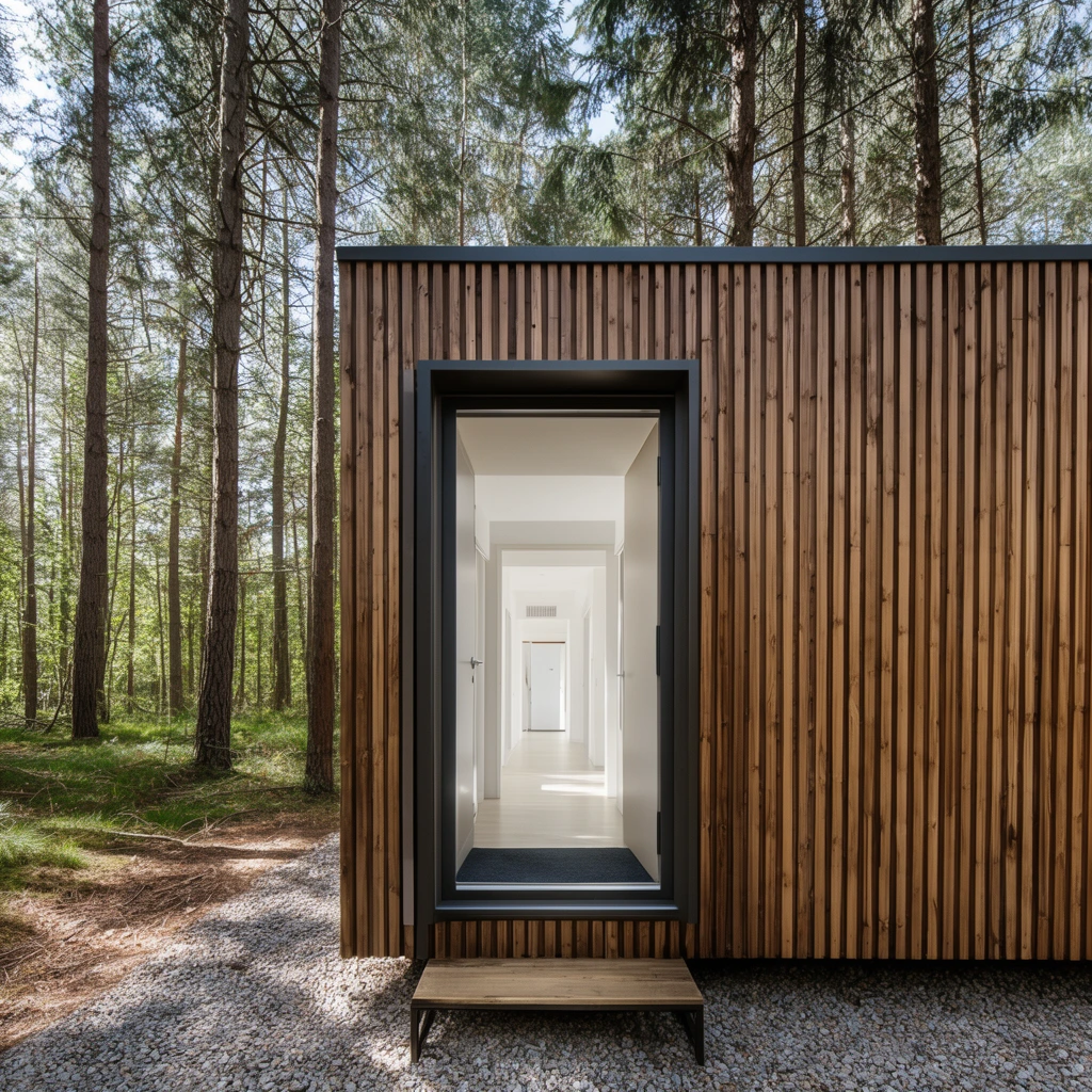 Modern modular forest cabin, vertical timber slat siding, dark-framed open doorway revealing bright minimalist interior hallway, tall pine trees, gravel path, dappled light, architectural photography