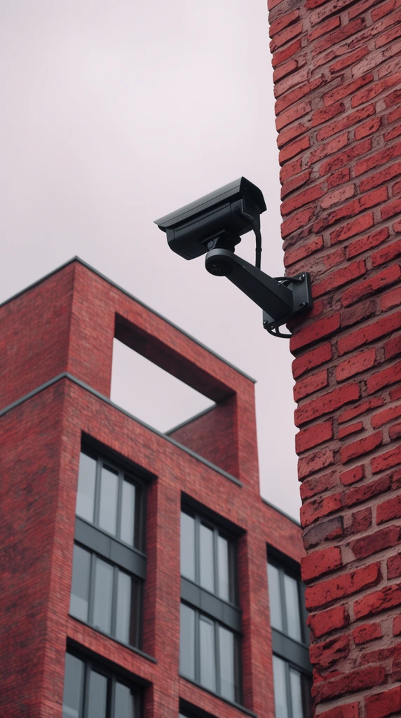 Low-angle architectural shot of a black security camera mounted on a red brick wall in the right foreground. A modern red brick building with dark grey windows and an open rectangular roof cutout stands behind it to the left against a uniform pale grey overcast sky.