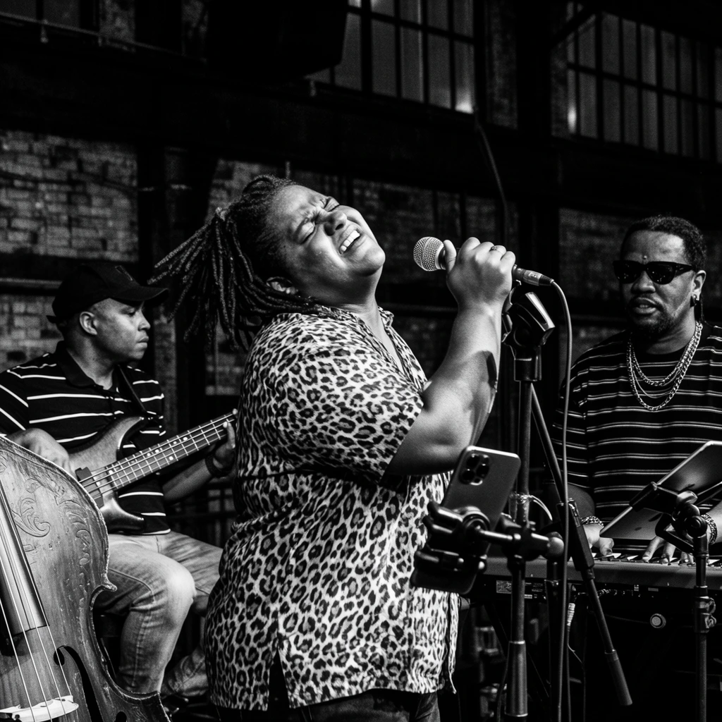 A high-contrast black and white photograph capturing a passionate live music performance in an industrial venue. The central focus is a singer with dreadlocks, head tilted back and eyes tightly closed, gripping a microphone. They wear a short-sleeved leopard-print shirt. To the left, a seated musician in a dark baseball cap and striped polo plays an electric bass guitar, positioned behind the carved scroll of an upright bass. To the right, a keyboardist wearing dark sunglasses, layered chain necklaces, and a striped t-shirt looks toward the singer. The foreground is densely layered with various microphone stands, one securing a smartphone and another holding a tablet. The dimly lit background features exposed brick, dark structural beams, and large multi-pane windows, with dynamic concert lighting highlighting the singer's expressive face.