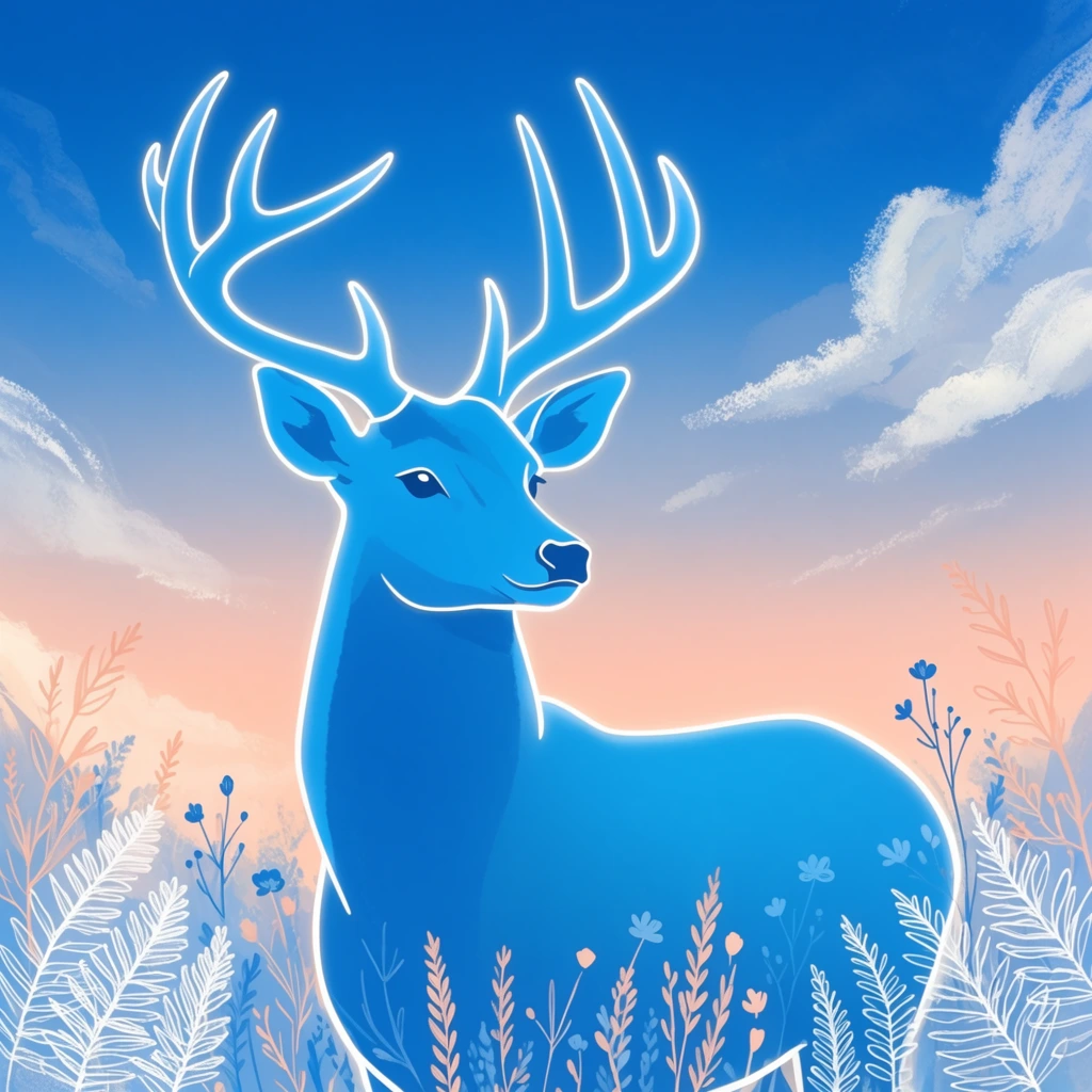 A glowing solid blue buck stands in a stylized meadow beneath a twilight sky. The deer features flat azure tones and a radiant white outline tracing its prominent antlers, head, and back. It gazes calmly over its shoulder amidst intricate line-art foliage, including delicate white ferns, pale peach stalks, and thin blue stems with small flowers. The background sky transitions smoothly from a vibrant deep blue at the zenith to a soft warm peach at the horizon, accented by wispy white clouds with chalky textured edges. The 2D digital illustration blends crisp luminous outlines with serene ethereal gradients.