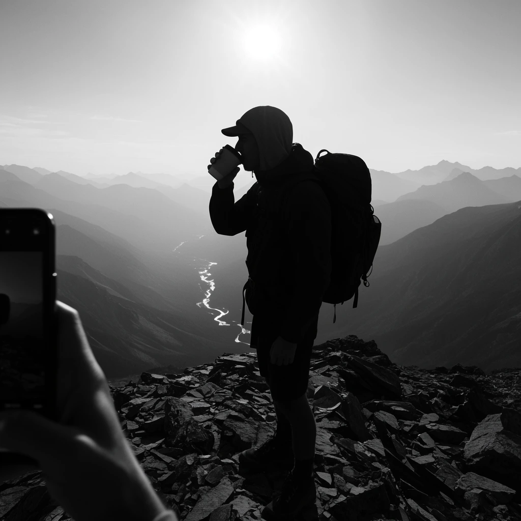 A silhouetted hiker wearing a cap, hood, and heavy backpack drinks from a cup while standing on a shattered rock peak. The stark black-and-white scene is heavily backlit by a bright sun, emphasizing the atmospheric perspective of layered, hazy mountain ridges and a winding valley river below. In the immediate lower-left foreground, a partially visible hand aims a smartphone toward the landscape.