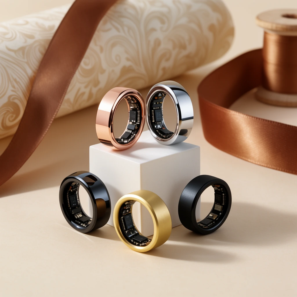 Five thick metallic rings with embedded electronic inner sensors are arranged around a small white cube pedestal on a beige surface. A rose gold and a polished silver ring balance on the cube, while glossy black, matte gold, and matte black rings sit below. The elegant studio product photography features rolled patterned cream paper, a sweeping bronze ribbon, a wooden spool, and warm lighting with soft shadows.