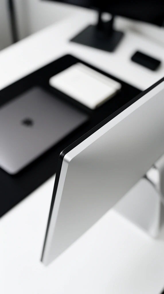A high-angle, close-up view of a minimalist desk setup featuring the sleek silver back panel of a slim computer monitor slicing diagonally across the foreground. Beyond the monitor edge, a stark white desk surface supports a large black rectangular mat. A closed metallic grey laptop and a crisp white notebook rest on the dark mat. The heavily blurred background reveals a dark triangular monitor stand base and a small black rectangular device. The composition employs an extremely shallow depth of field, selectively focusing on the sharp metallic top edge of the foreground monitor. The visual style is strictly monochromatic, defined by high-contrast blacks, brilliant whites, and smooth silvers under clean, diffused lighting typical of modern product photography.
