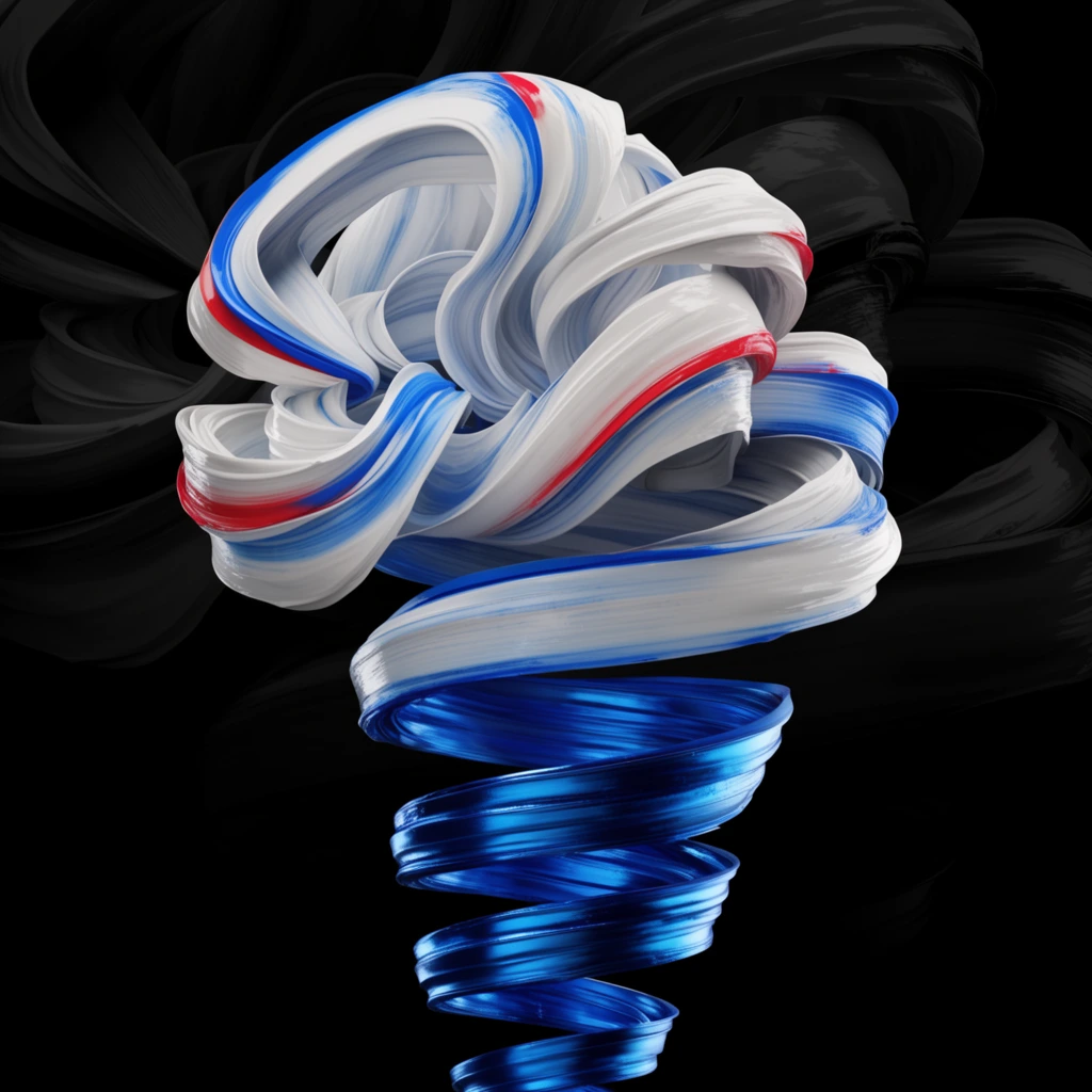 A 3D abstract sculpture of thick, swirling ribbon brushstrokes floats in a jet-black void. Glossy white ribbons with vibrant blue and red edge highlights fold intricately, transitioning downward into a tightly spiraling metallic blue ribbon. Dark, matte wavy shapes radiate subtly in the background under dramatic studio lighting that emphasizes rich, wet-paint textures.