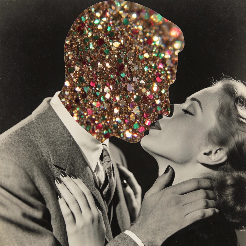 A vintage-style black and white photograph of a couple kissing is modified so the man's head is replaced with a shimmering field of multicolored glitter. The central figures are a man and a woman in an intimate embrace against a solid, dark, grainy background. The man, positioned on the left in profile, wears a light-grey textured suit jacket over a crisp white collared shirt and a patterned tie. His entire head, from the neck up, is a silhouette filled with a dense, sparkling texture of glitter in shades of gold, bronze, emerald green, and ruby red, creating a multifaceted, light-reflecting surface. To the right, a woman with fair skin and dark-painted fingernails rests her hands on the man's lapel and shoulder. Her head is tilted upward with eyes closed, her lips meeting the edge of the glittering shape at the man's profile. Her light-colored hair is styled away from her face. The image employs a collage technique, blending the grainy, monochromatic tones of the human figures with the vibrant, high-contrast colors of the glitter overlay. The composition is a medium close-up profile shot, focusing on the contact between the two subjects. Soft, directional lighting hits the woman and the man’s clothing, while the glitter section contains numerous sharp, bright highlights.