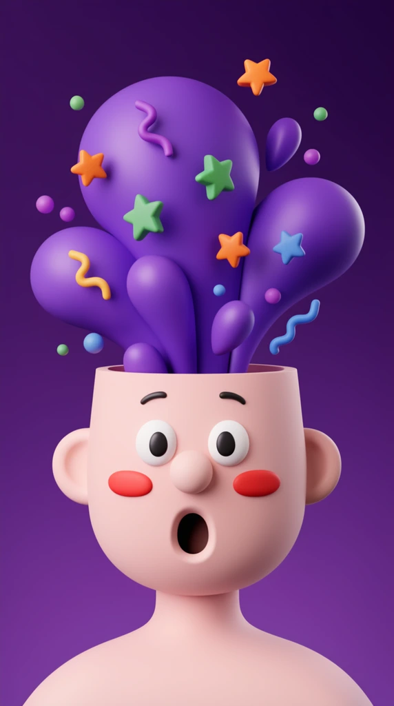 A stylized 3D rendering of a surprised cartoon figure whose open head erupts with smooth, bulbous purple shapes. The pale pinkish bust features wide black eyes, a round nose, red oval blush on the cheeks, and a wide O-shaped mouth conveying amazement. Floating around the bursting purple forms are 3D geometric elements including orange, green, and blue five-pointed stars, colorful squiggly lines, and small spherical droplets. Set against a seamless deep violet background, the composition uses soft, diffused studio lighting to highlight the matte, plastic-like textures of this surreal, whimsical scene.